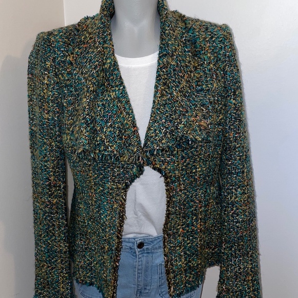 Lafayette 148 Blazer multicolor green drape collar fantasy tweed jacket size six - Picture 2 of 8